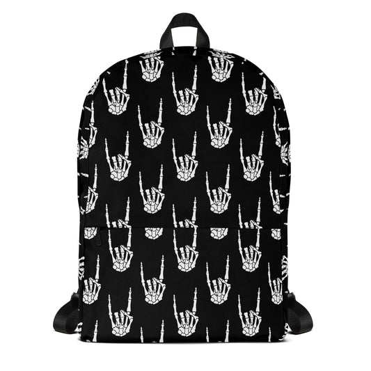 Devil Horns Bone Hand artwork on unisex backpack, front view
