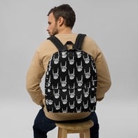 Devil Horns Bone Hand artwork on unisex backpack, front view