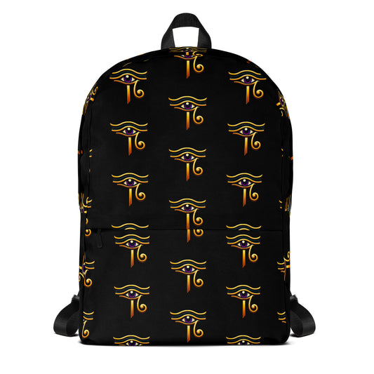 Eye of Ra artwork on unisex backpack, front view