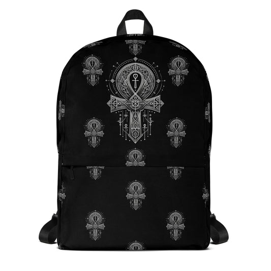 Egyptian Ankh artwork on unisex backpack, front view