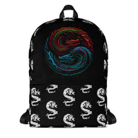 Yin Yang Dragons artwork on unisex backpack, front view