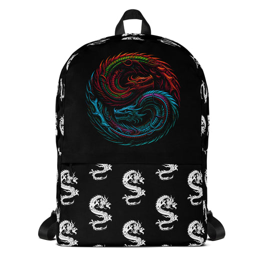 Yin Yang Dragons artwork on unisex backpack, front view