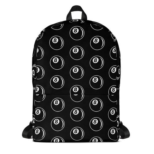 8 Ball Billiards artwork on unisex backpack, front view