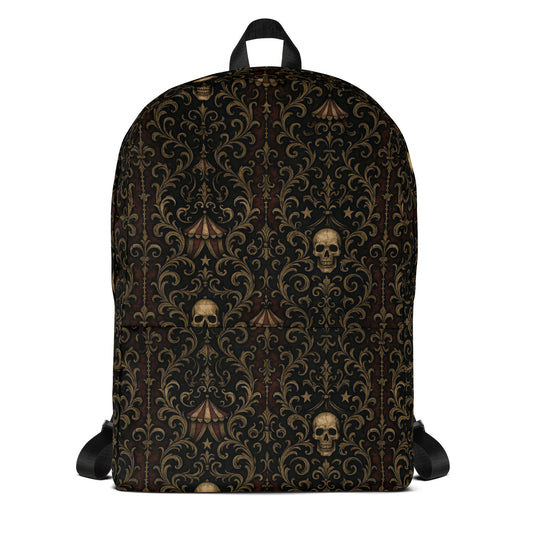 Skull Carnival artwork on unisex backpack, front view