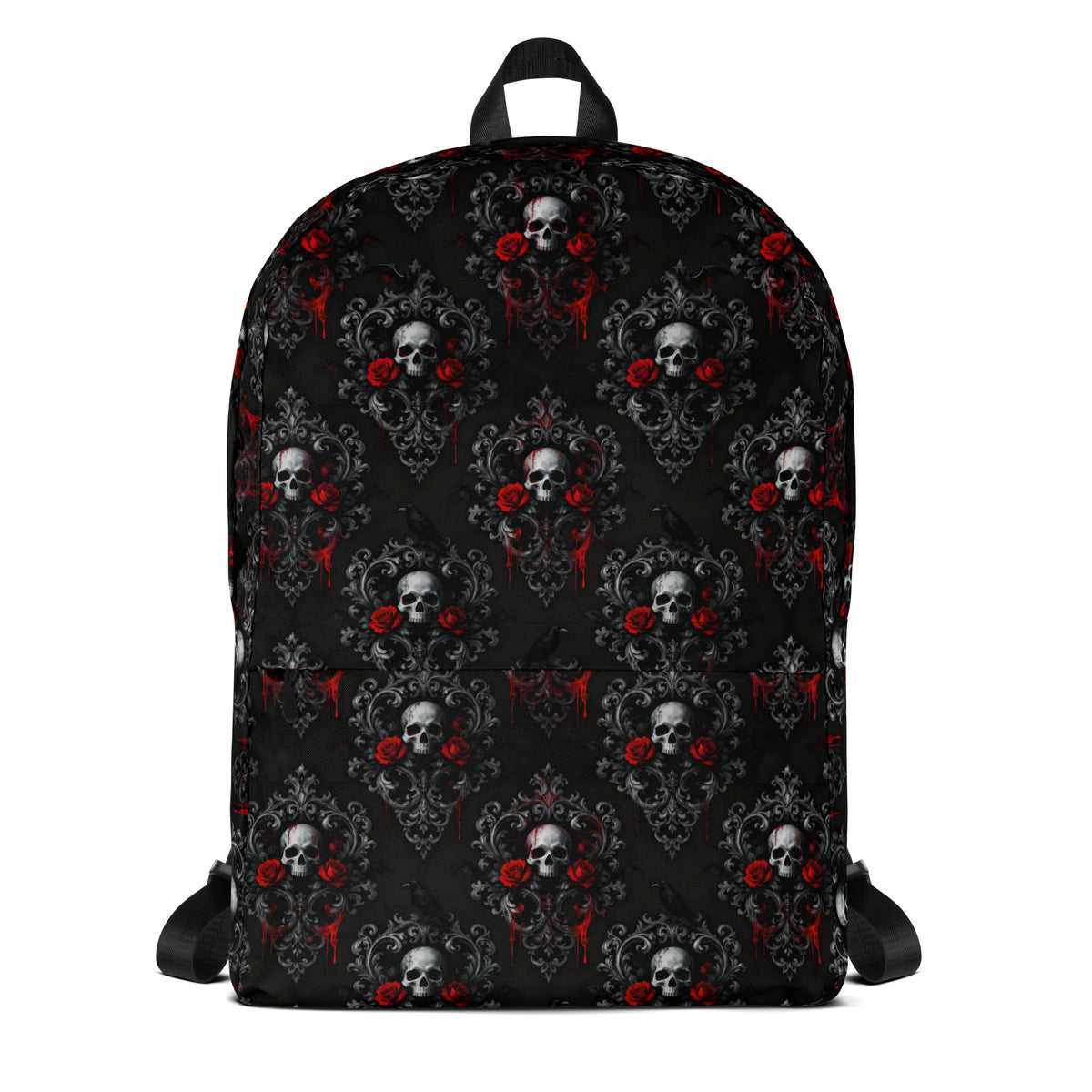 Skulls Roses & Ravens artwork on unisex backpack, front view