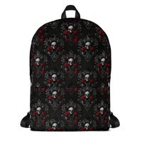 Skulls Roses & Ravens artwork on unisex backpack, front view