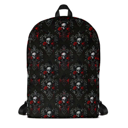 Skulls Roses & Ravens artwork on unisex backpack, front view
