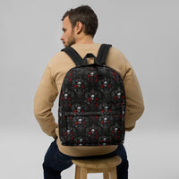 Skulls Roses & Ravens artwork on unisex backpack, front view