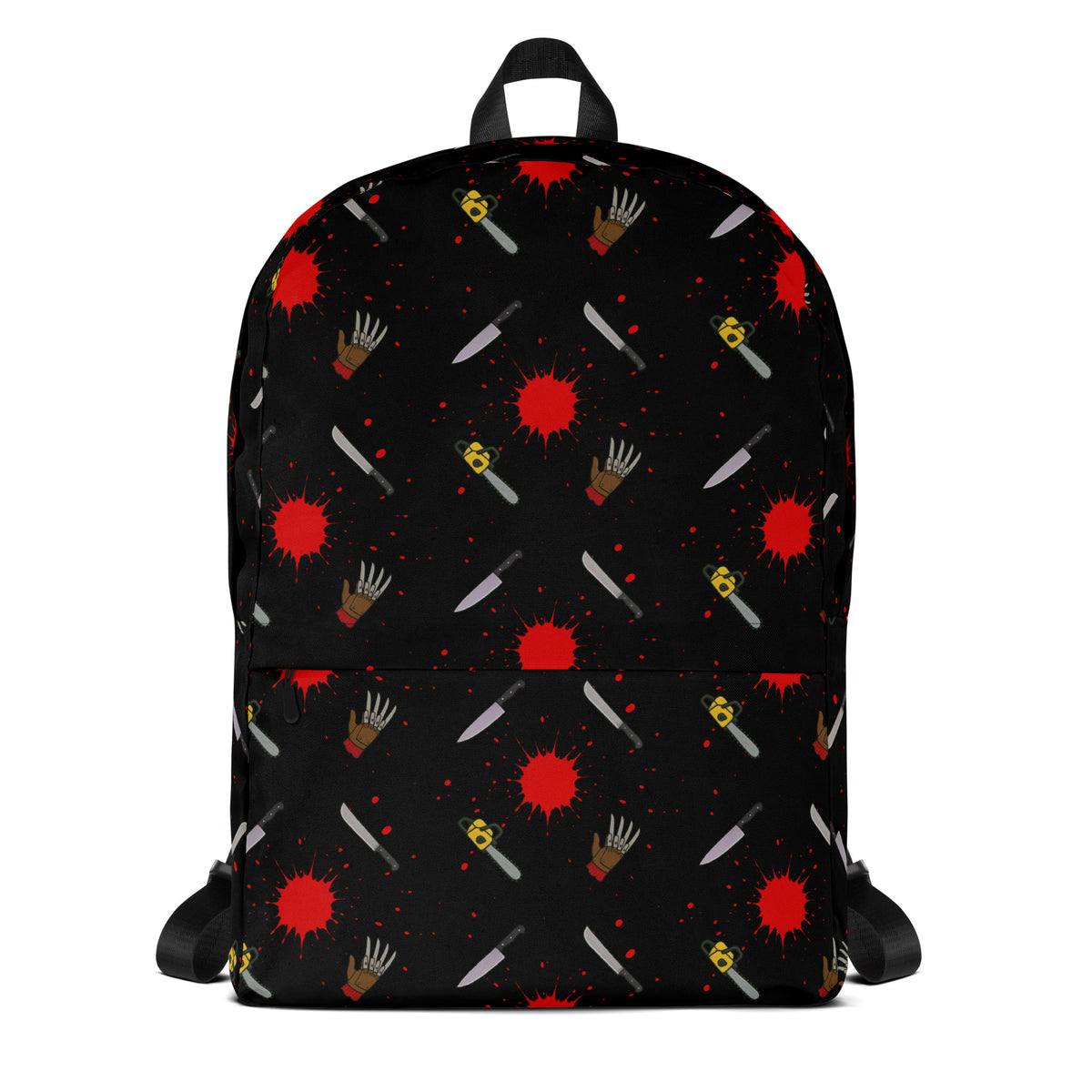 Classic Horror Weapons artwork on unisex backpack, front view