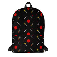Classic Horror Weapons artwork on unisex backpack, front view
