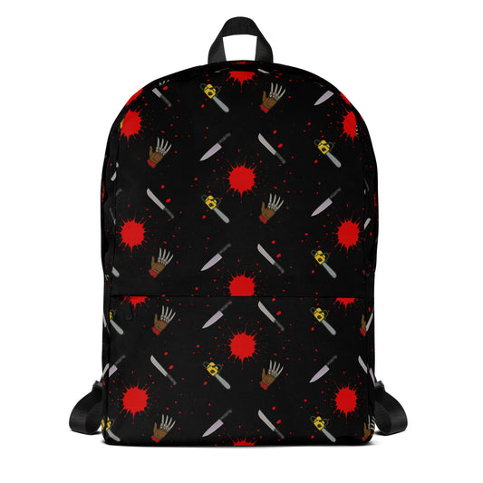 Classic Horror Weapons artwork on unisex backpack, front view
