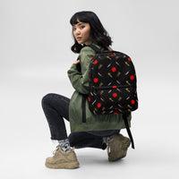 Classic Horror Weapons artwork on unisex backpack, front view