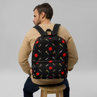 Classic Horror Weapons artwork on unisex backpack, front view