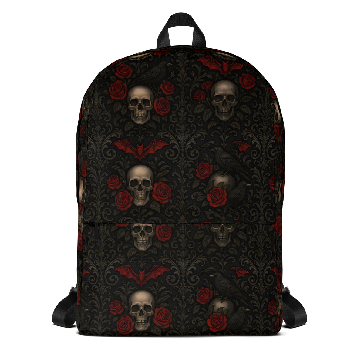 Skulls Bats Roses & Ravens artwork on unisex backpack, front view