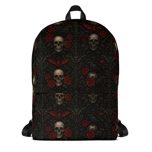 Skulls Bats Roses & Ravens artwork on unisex backpack, front view