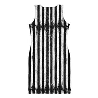 Distressed Vertical Stripes pattern on women's bodycon dress, back view