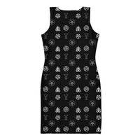 Demonology Occult Symbols pattern on women's bodycon dress, back view