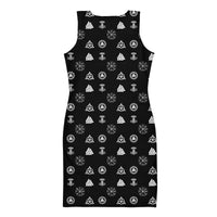 Viking Runes & Norse Symbols pattern on women's bodycon dress, back view