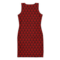 Red Haunted Mansion pattern on women's bodycon dress, back view