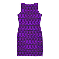 Purple Haunted Mansion pattern on women's bodycon dress, back view