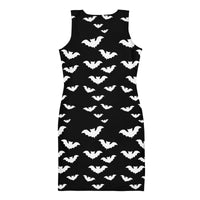 Flying Vampire Bats pattern on women's bodycon dress, back view