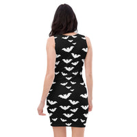 Flying Vampire Bats pattern on women's bodycon dress, back view