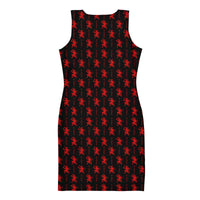 Black Krampus pattern on women's bodycon dress, back view