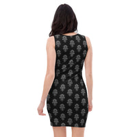 Egyptian Ankh pattern on women's bodycon dress, back view