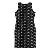 8 Ball Billiards pattern on women's bodycon dress, back view