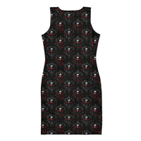 Bloody Skulls & Red Roses pattern on women's bodycon dress, back view
