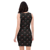 Bloody Skulls & Red Roses pattern on women's bodycon dress, back view