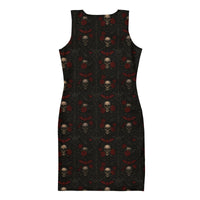 Skulls Bats Roses & Ravens pattern on women's bodycon dress, back view