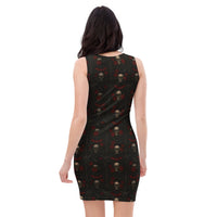 Skulls Bats Roses & Ravens pattern on women's bodycon dress, back view