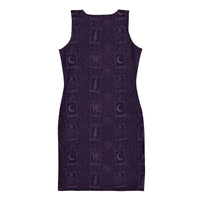 Purple Tarot Cards pattern on women's bodycon dress, back view