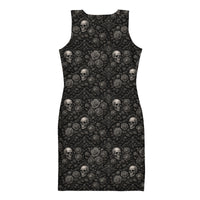 Skulls & Roses pattern on women's bodycon dress, back view