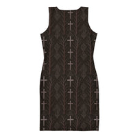 Gothic Cross & Dead Trees pattern on women's bodycon dress, back view