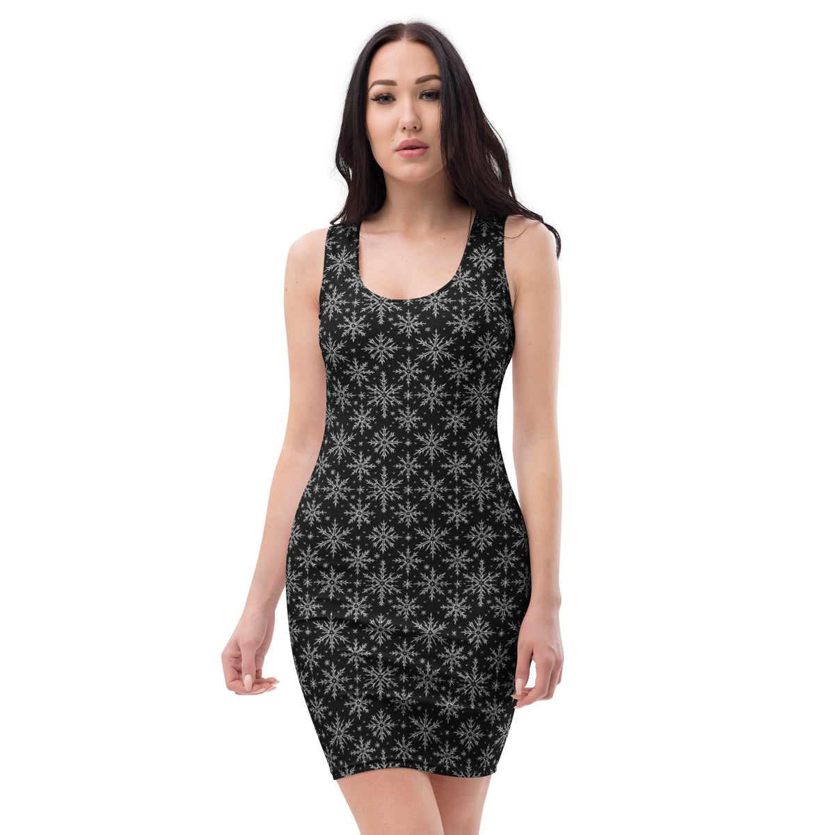 Gothic Snowflakes pattern on women's bodycon dress, front view