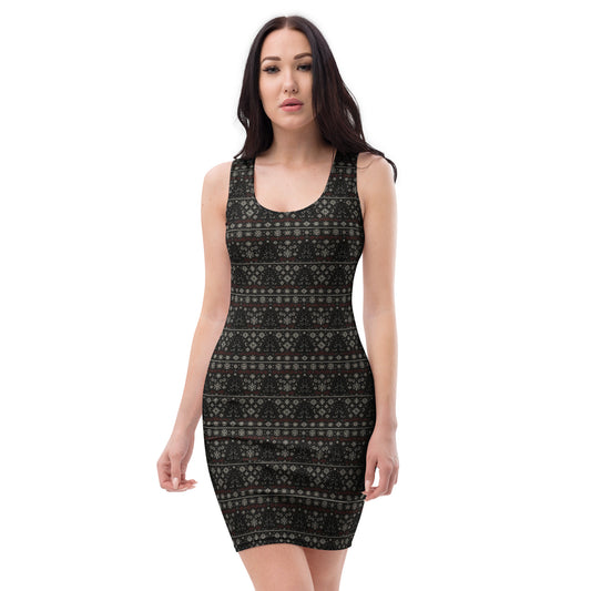 Gothic Christmas Tree pattern on women's bodycon dress, front view