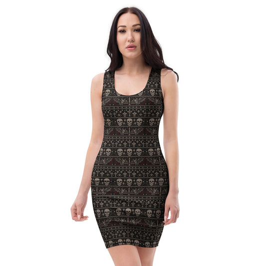 Skulls & Bats Christmas Pattern pattern on women's bodycon dress, front view