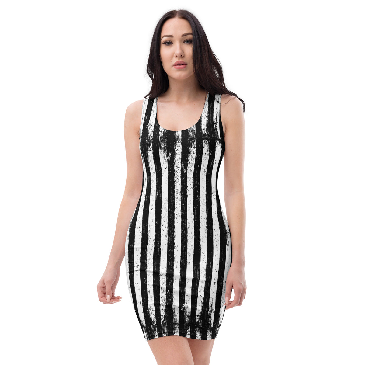Distressed Vertical Stripes pattern on women's bodycon dress, front view