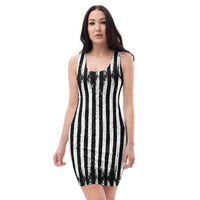 Distressed Vertical Stripes pattern on women's bodycon dress, front view