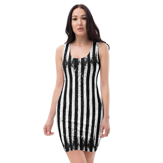 Distressed Vertical Stripes pattern on women's bodycon dress, front view