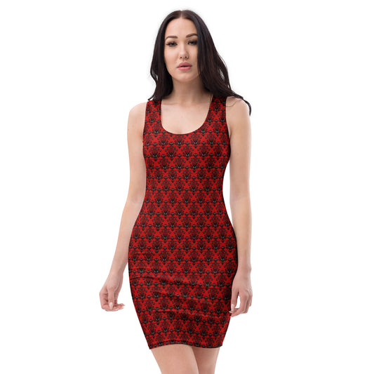 Red Haunted Mansion pattern on women's bodycon dress, front view