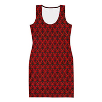 Red Haunted Mansion pattern on women's bodycon dress, front view