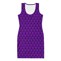 Purple Haunted Mansion pattern on women's bodycon dress, front view