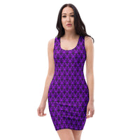 Purple Haunted Mansion pattern on women's bodycon dress, front view