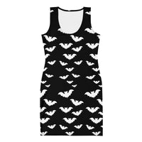 Flying Vampire Bats pattern on women's bodycon dress, front view