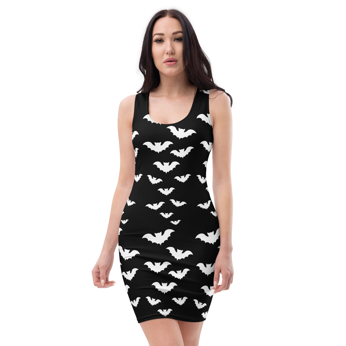 Flying Vampire Bats pattern on women's bodycon dress, front view