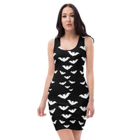 Flying Vampire Bats pattern on women's bodycon dress, front view