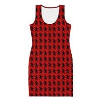 Red Krampus pattern on women's bodycon dress, front view